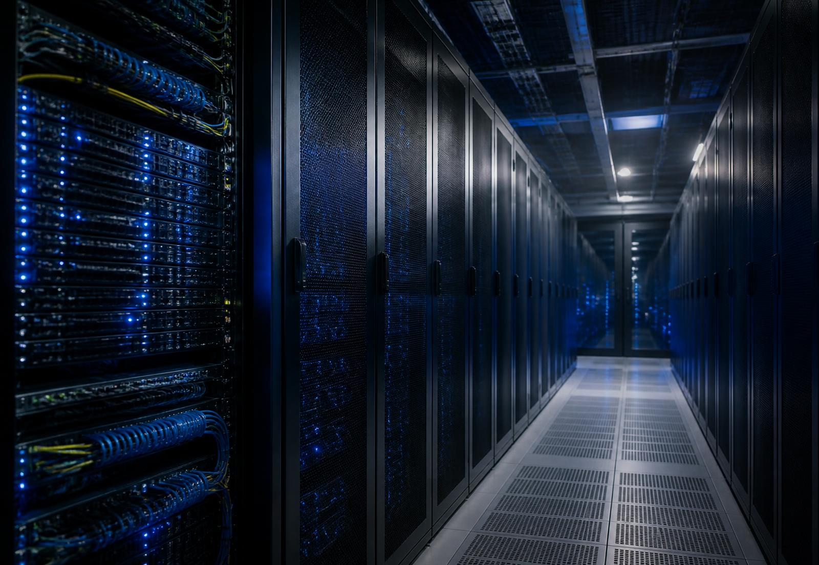 Enterprise datacenter aisle with dark server racks and blue status indicators